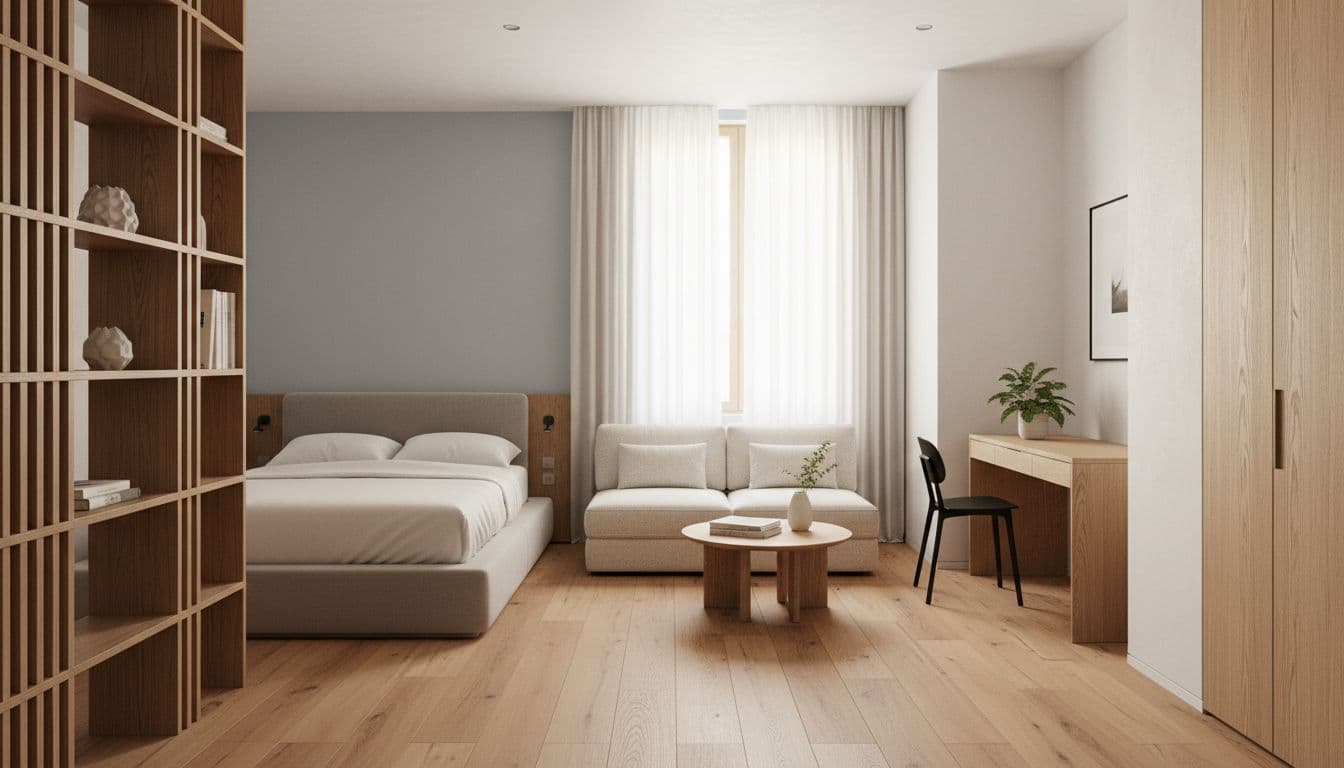 1-Zimmer-Wohnung einrichten 30qm: helles Studio mit Bett-, Sofa- und Arbeitszone, getrennt durch ein offenes Regal, Vorschau aus der DecorAI App