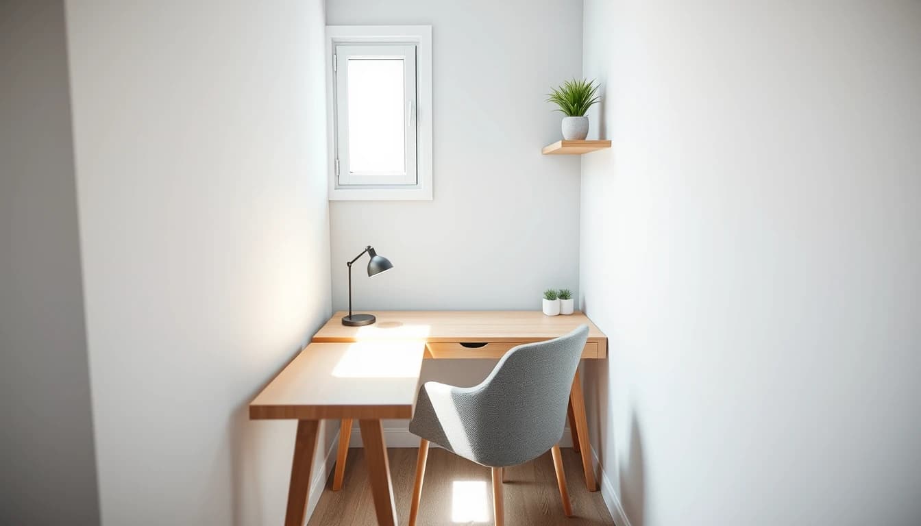 Homeoffice-Ecke in einer 1-Zimmer-Wohnung mit schmalem Schreibtisch und Wandregal, von der KI in die freie Ecke geplant