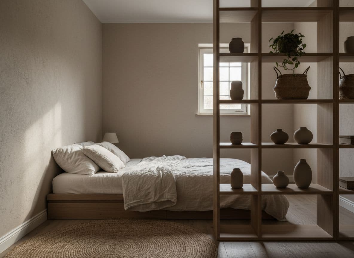 Schlafzone in einer 1-Zimmer-Wohnung auf 30 qm: Bett vor der ruhigsten Wand, offenes Regal als Raumteiler, gestaltet mit einer KI Raumgestaltung-App