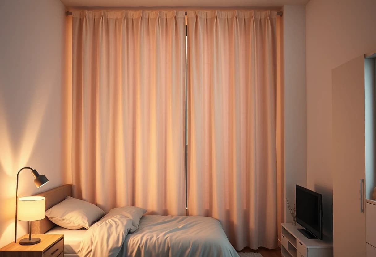 Textiler Raumteiler-Vorhang zwischen Schlaf- und Wohnbereich einer 30-qm-Wohnung, reversible Lösung ohne Bohren