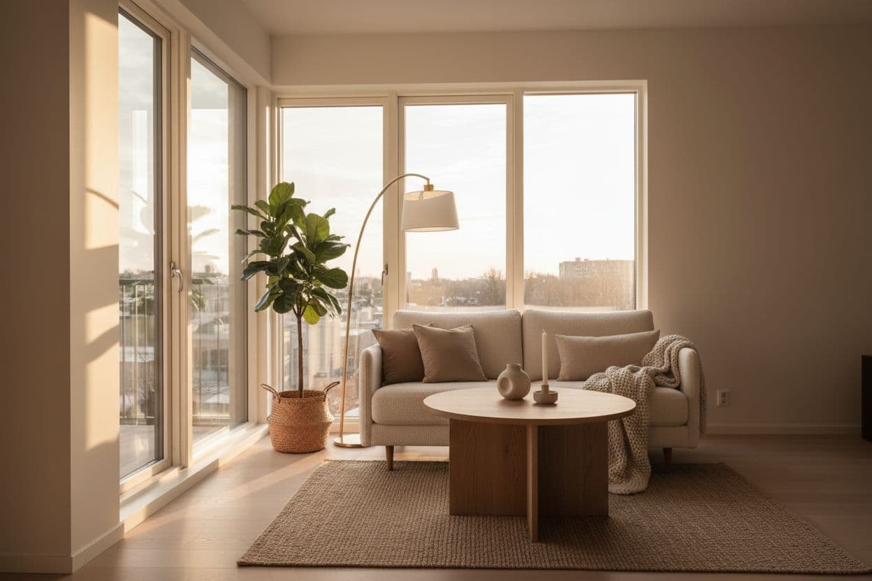 Wohnzone einer kleinen Wohnung am Fenster mit kompaktem Sofa und ausziehbarem Couchtisch, KI-Vorschau für eine 1-Zimmer-Wohnung