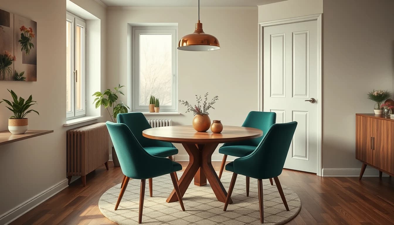 Mid-Century Einrichtungsstil im Esszimmer: Nussbaumtisch, samtgrüne Stühle und Messingleuchte, Stilbeispiel aus der DecorAI App