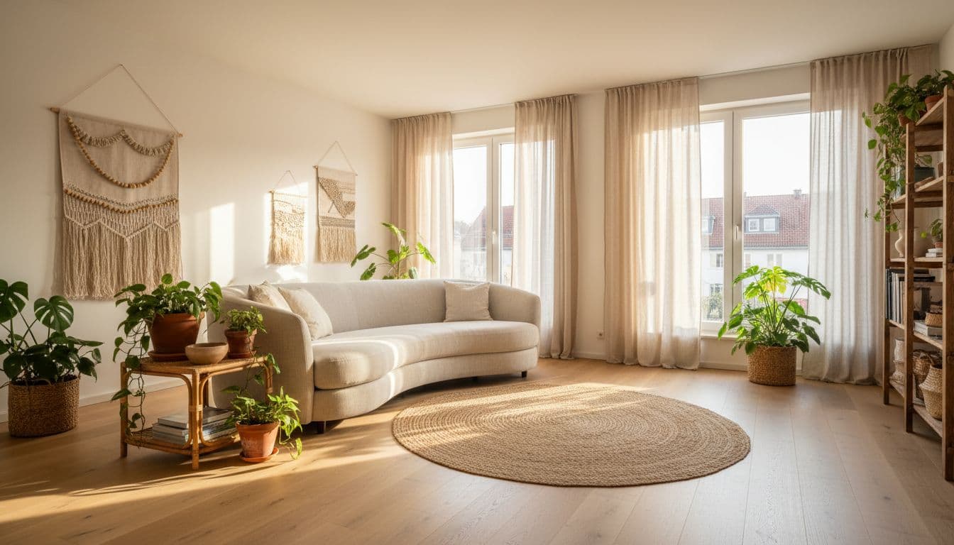 Einrichtungsstile im Vergleich: helles Wohnzimmer im Skandinavisch-Boho-Mix mit Leinensofa, Jute-Teppich und Rattan-Beistelltisch, gestaltet mit der DecorAI App