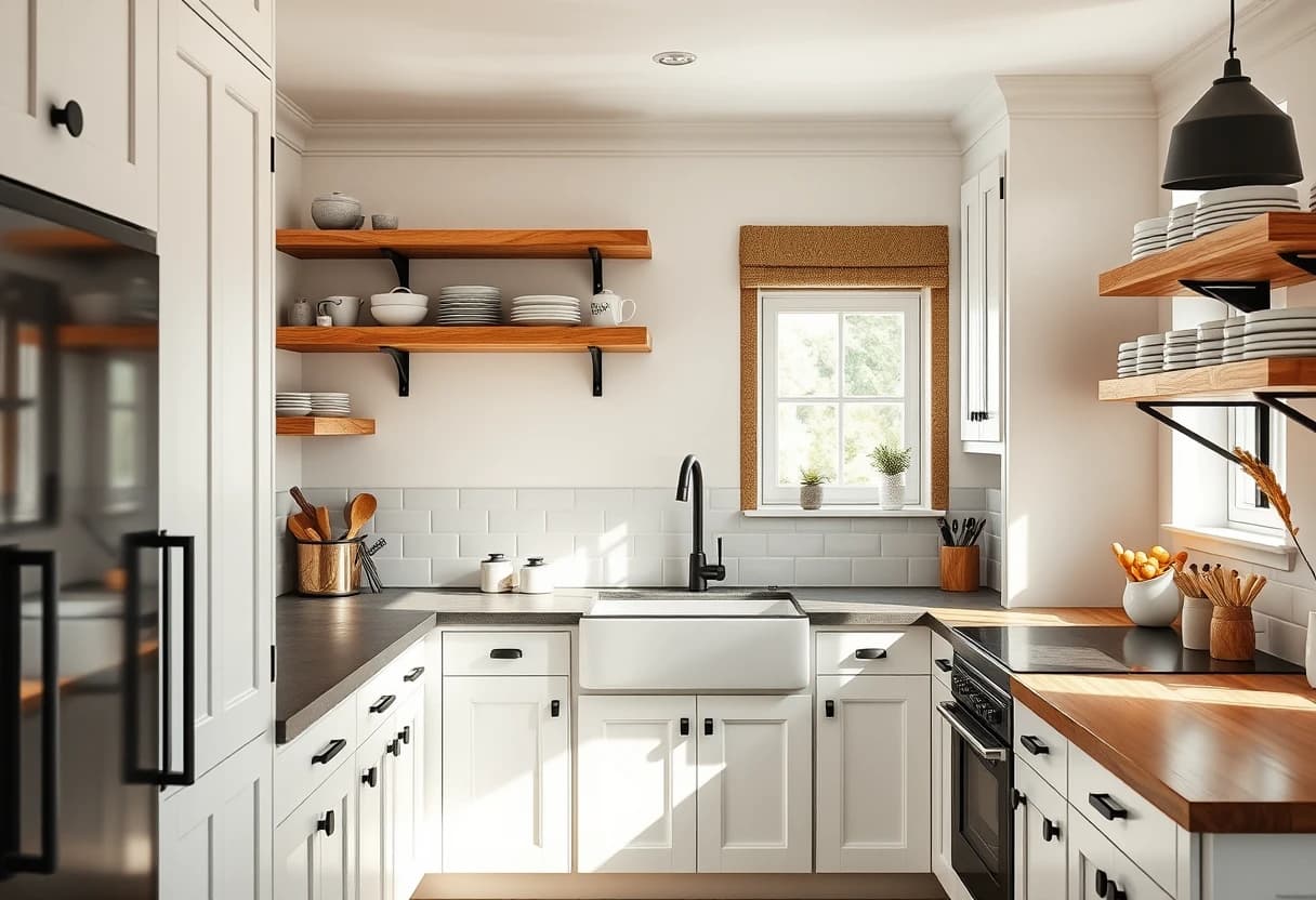 Modern-Farmhouse-Einrichtungsstil in der Küche: weiße Schrankfronten, offenes Holzregal und Fliesen-Rückwand, umgesetzt mit der DecorAI App