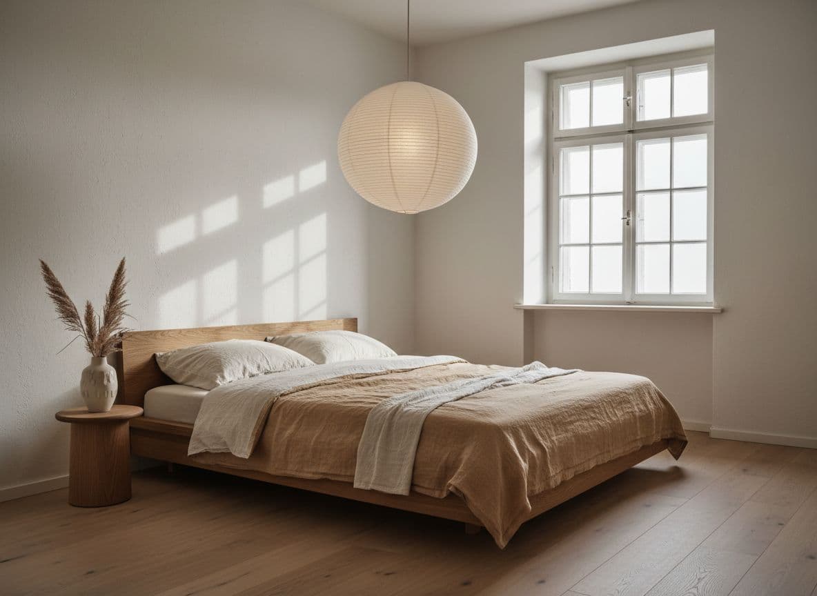 Skandinavischer Einrichtungsstil im Schlafzimmer: helles Eichenholzbett, Leinenbettwäsche und Papierleuchte, Design-Idee aus der DecorAI App