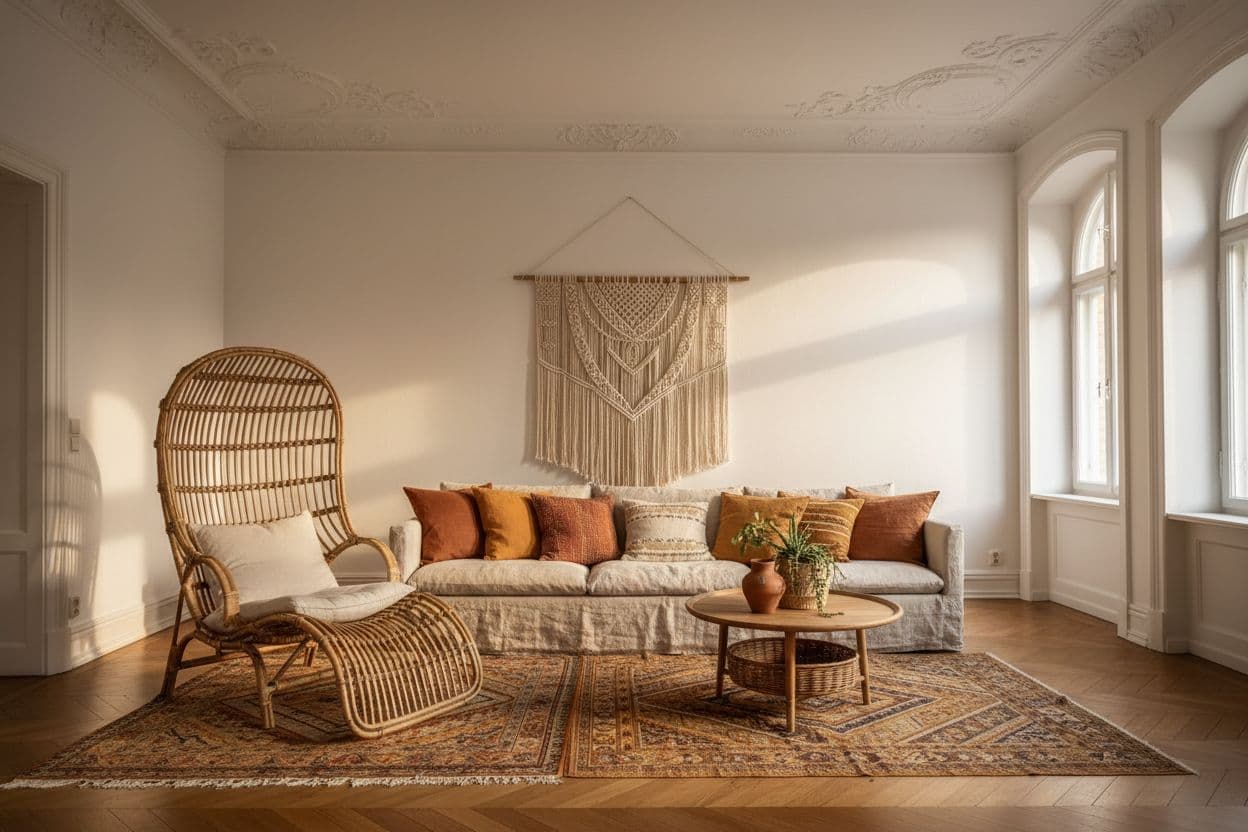 Boho Einrichtungsstil im Wohnzimmer: Rattansessel, Makramee-Wandbehang und warme Erdtöne, generiert mit dem KI Innenarchitekt von DecorAI