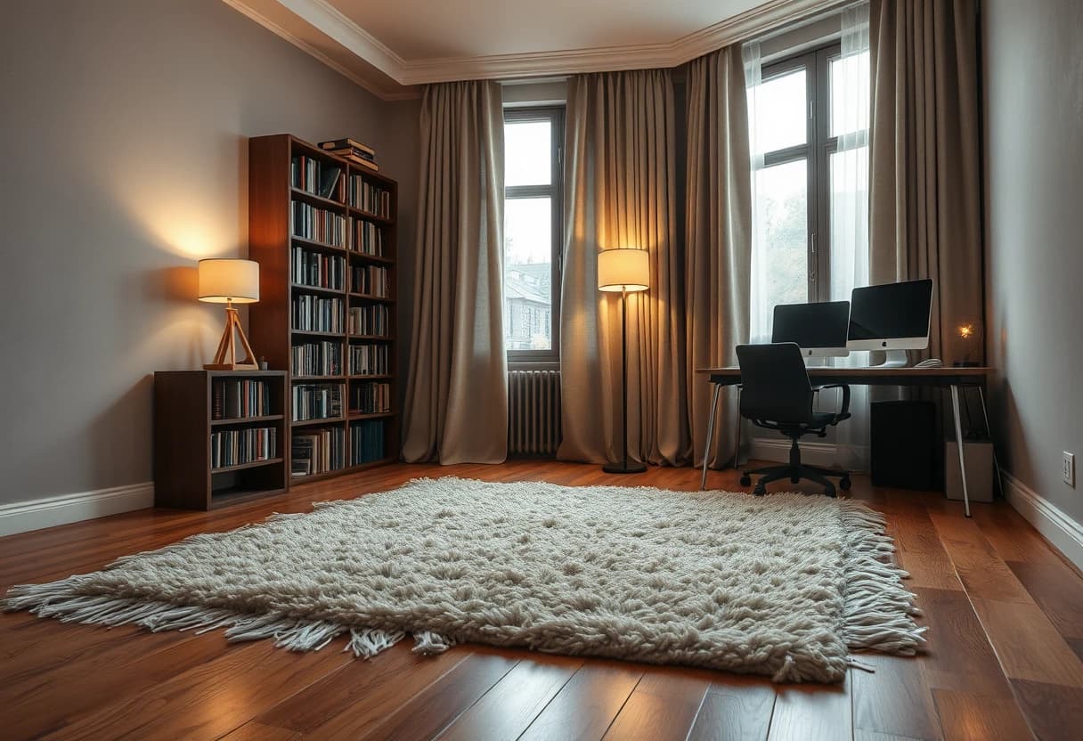 Gaming Zimmer einrichten mit besserer Akustik: dicker Teppich, Leinenvorhang, Bücherregal an der Wand, gedämpftes warmes Licht