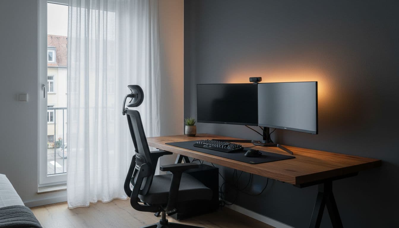 Gaming Zimmer einrichten: Schreibtisch mit zwei Monitoren, indirektes warmes Licht hinter dem Tisch, dunkle Wand, geplant mit der DecorAI App