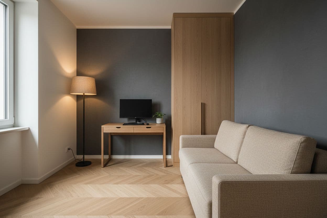 Gamer zimmer einrichten als Gästezimmer: Schlafsofa gegenüber dem Schreibtisch, neutrale Wand, Stehleuchte, Doppelnutzung