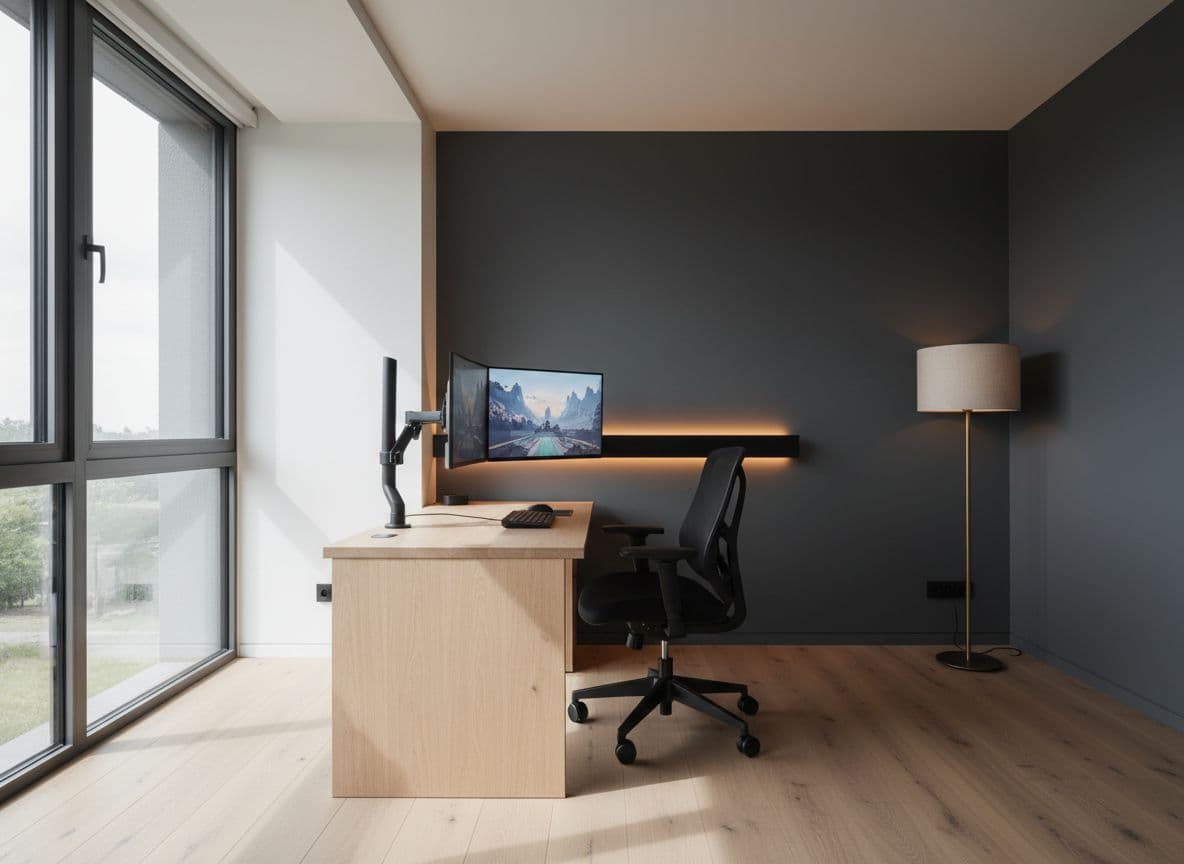 Gaming Zimmer ideen: Schreibtisch seitlich zum Fenster, Doppel-Monitor, warme Lichtleiste an der Wand, Planung mit KI Raumgestaltung-App