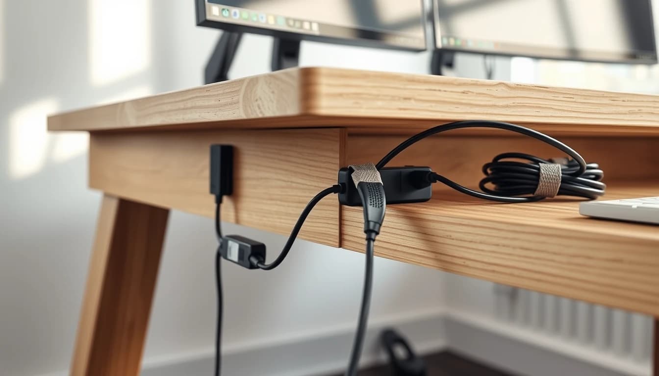 Gaming setup zimmer mit aufgeräumten Kabeln: Kabelkanal am Tischbein, Mehrfachsteckdose unter der Platte, heller Holzschreibtisch