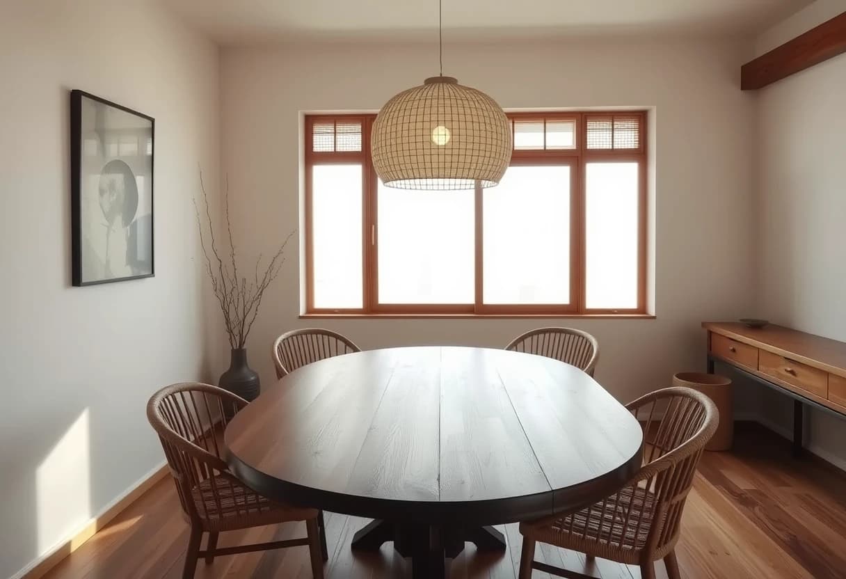 Japandi Esszimmer mit rundem Nussbaumtisch, Rattanstühlen und Papierlampe über dem Tisch