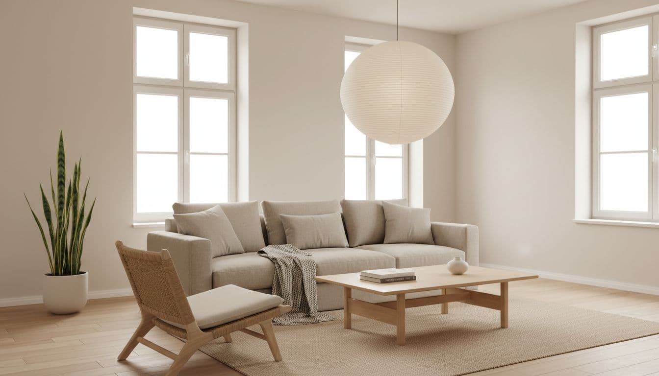 Japandi Einrichtungsstil im Wohnzimmer: helles Eschenholz, Leinensofa und Reispapier-Lampe, mit der DecorAI App gestaltet