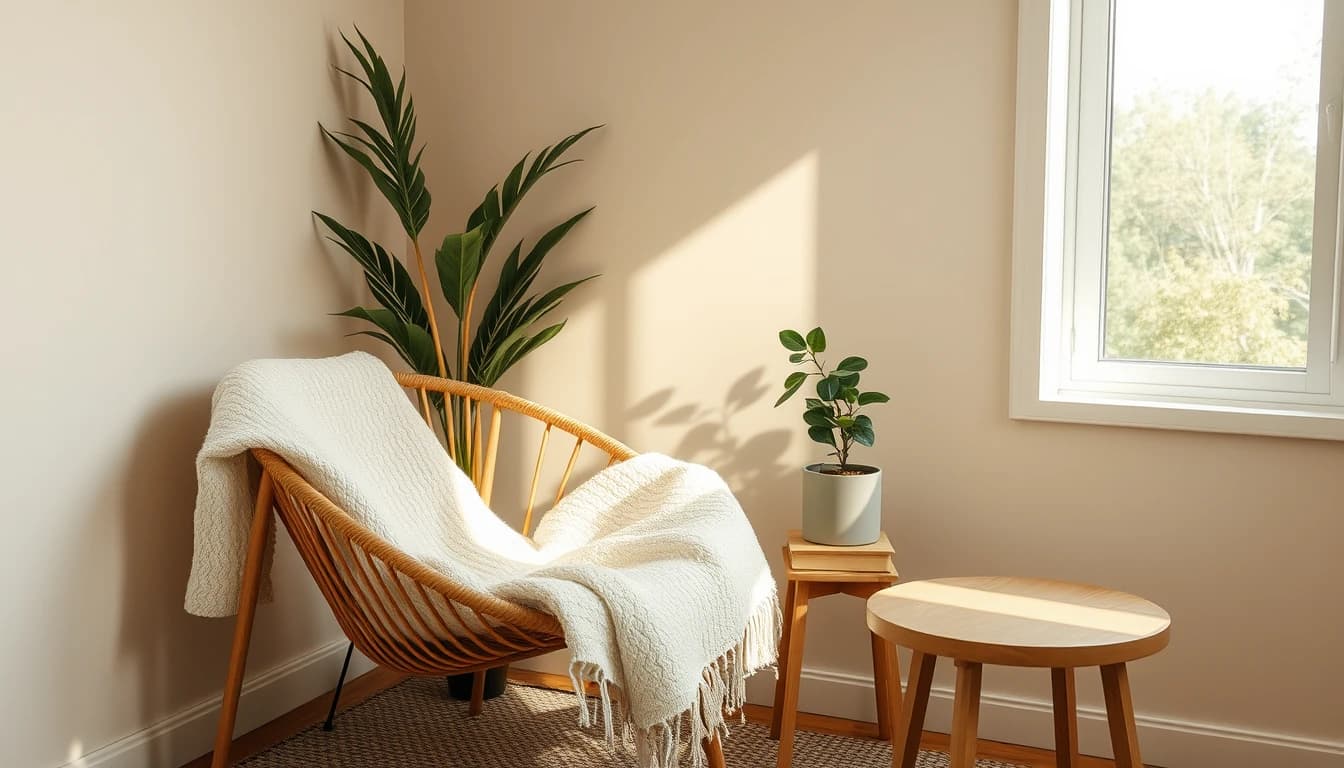 Leseecke im Japandi-Stil mit Rattansessel, Wollplaid und niedrigem Beistelltisch aus hellem Holz