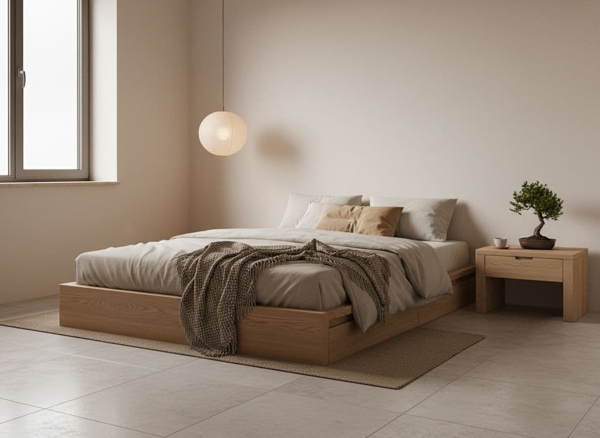 Japandi Einrichtungsstil im Schlafzimmer: niedriges Holzbett, Leinenbettwäsche in Sandton und Papierlampe, Vorschau aus der DecorAI App