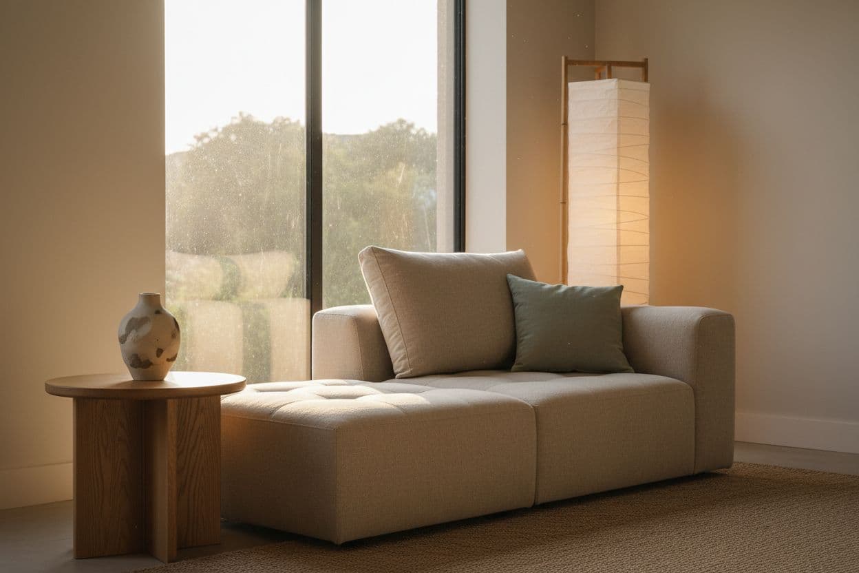 Japandi Wohnzimmer mit niedrigem Sofa in Sandbeige, Holztisch und Papierlampe, gestaltet mit einer KI Raumgestaltung-App