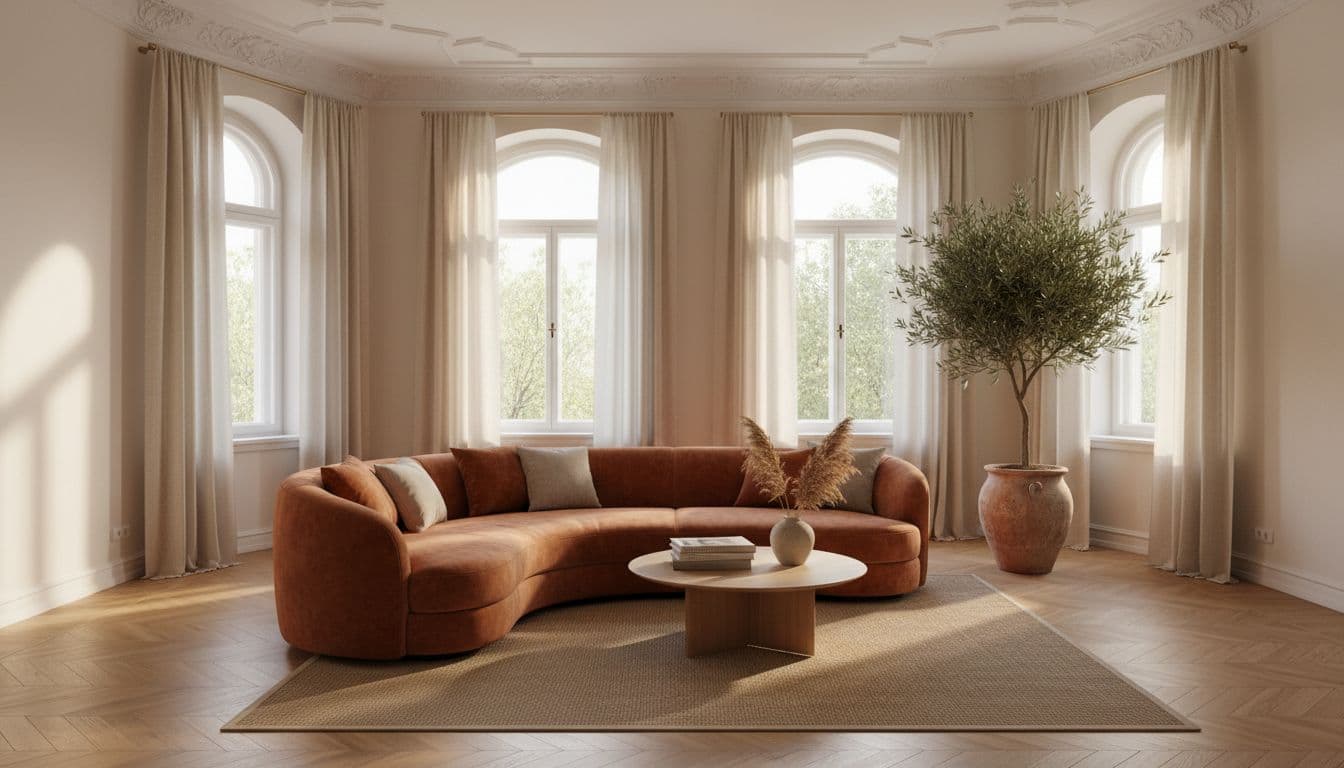 KI Raumgestaltung in einem Altbau-Wohnzimmer: Stuckdecke, Boucle-Sofa in Terrakotta, Leinenvorhänge, erzeugt aus einem Handyfoto