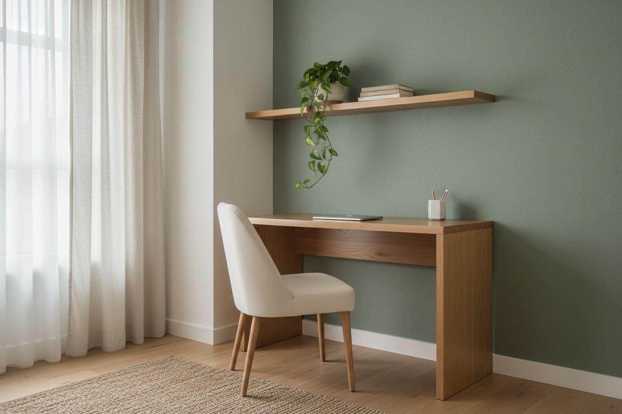 KI Raumgestaltung für eine Homeoffice-Ecke im Wohnzimmer: Eichenholz-Schreibtisch vor salbeigrüner Wand, Pflanze, seitliches Fensterlicht