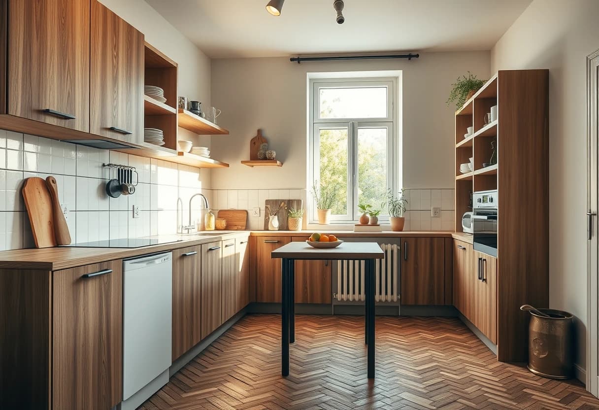 Küche in einer Mietwohnung mit neuem Fischgrät-Parkett nach dem KI Bodenplaner, warme Holzfronten, Nachmittagslicht durchs Fenster