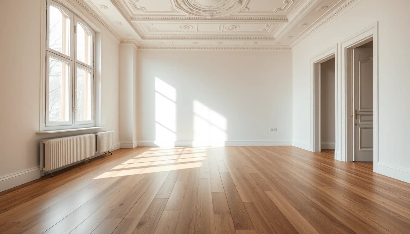 Leerer, heller Altbau-Raum mit Dielenboden und hohen Fenstern vor einer KI Raumgestaltung, bereit für virtuelles Staging