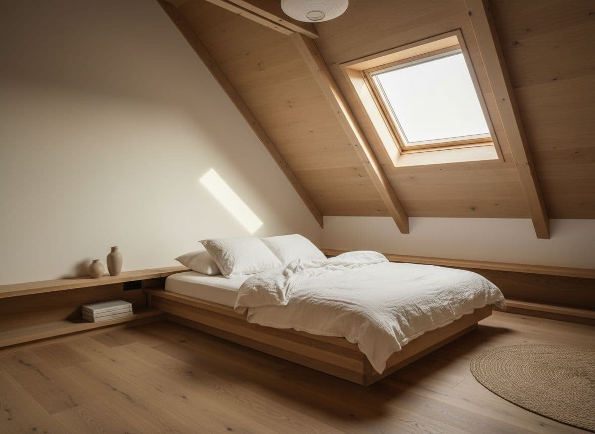 KI Raumgestaltung für ein Schlafzimmer mit Dachschräge im skandinavischen Stil: helles Holzbett, Leinenbettwäsche, Wandregal in der Kniestockzone