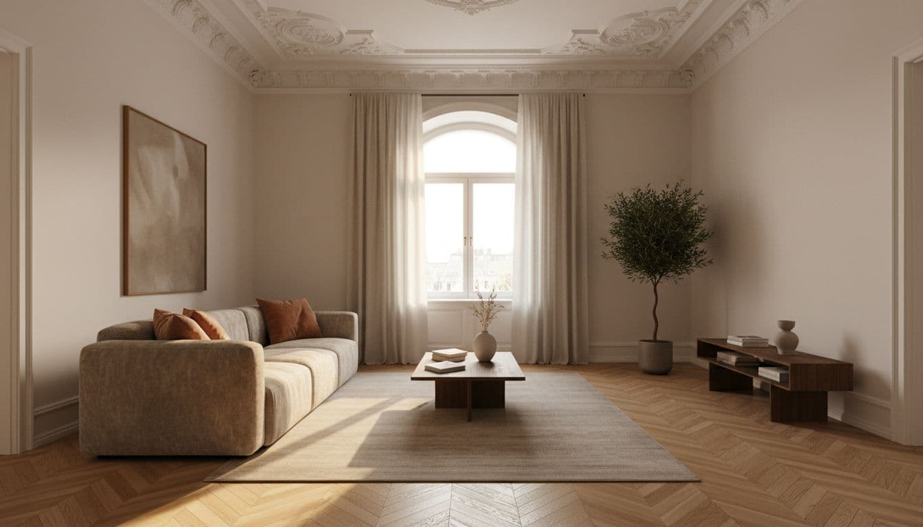 KI Raumplaner kostenlos im Test: helles Altbau-Wohnzimmer mit Boucle-Sofa und Stuckdecke, gestaltet mit der DecorAI App