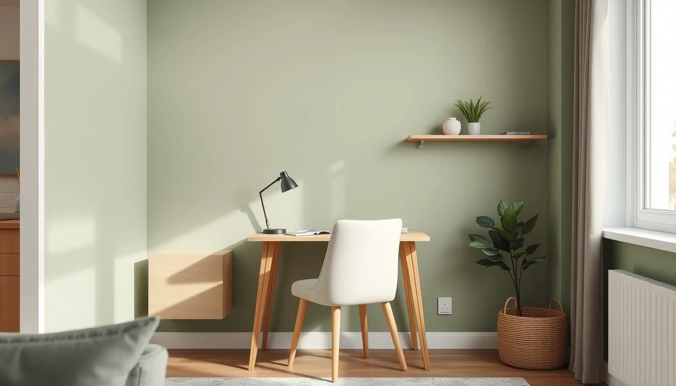 Homeoffice-Ecke als Beispiel für eine Gratis-Generierung im Alltag, salbeigrüne Wand und Eichenholz-Schreibtisch