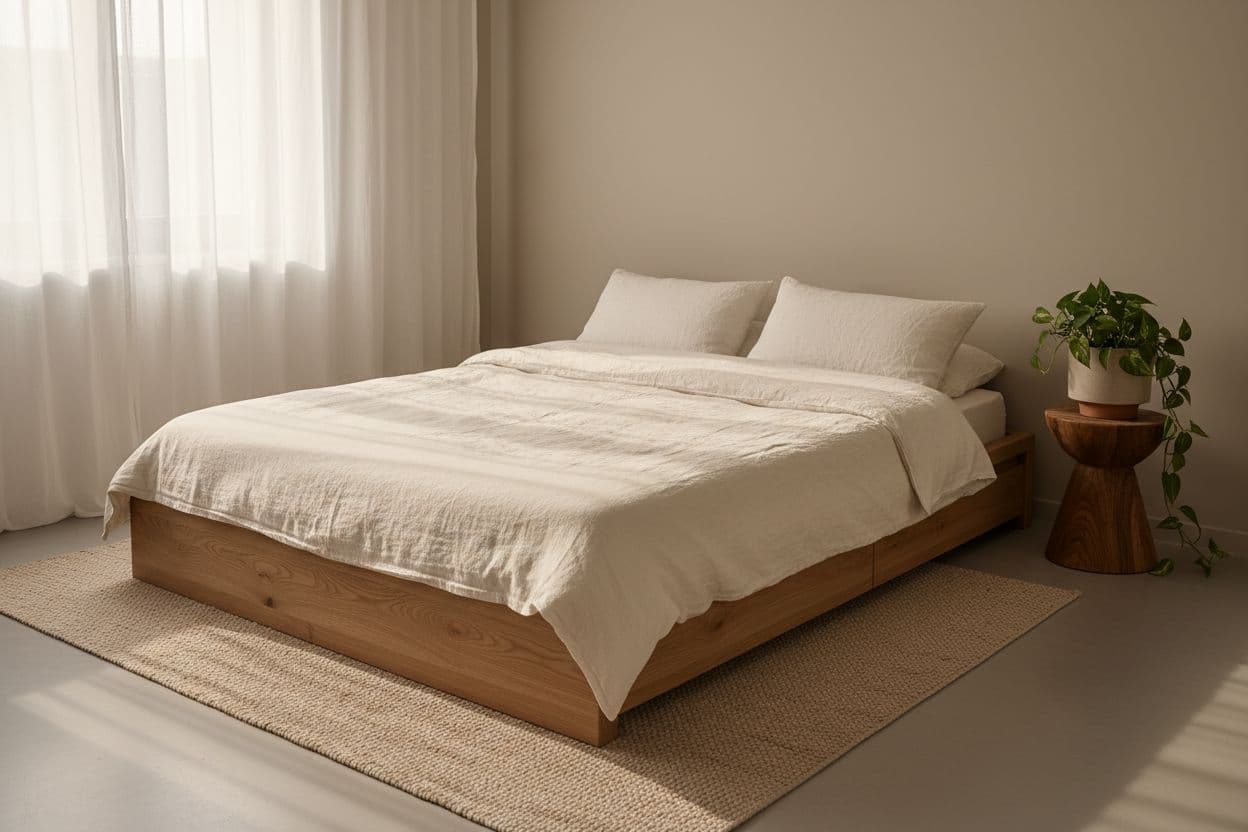 Minimalistisches Schlafzimmer als Beispiel für einen vollständigen Werkzeugkasten im kostenlosen KI Raumplaner-Tarif