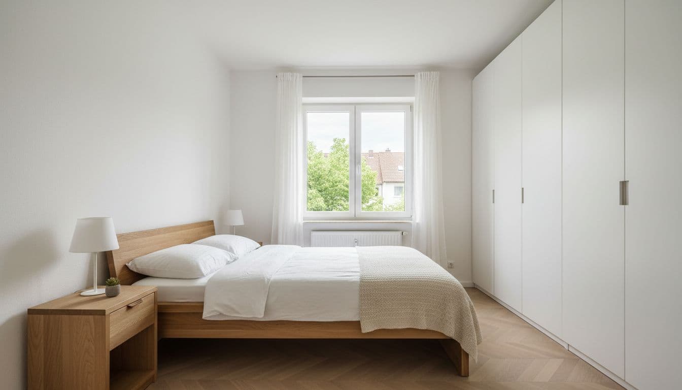 KI Raumplaner richtig nutzen: Schlafzimmer gerade fotografiert, Fenster und Boden vollständig sichtbar als Ausgangsfoto für DecorAI