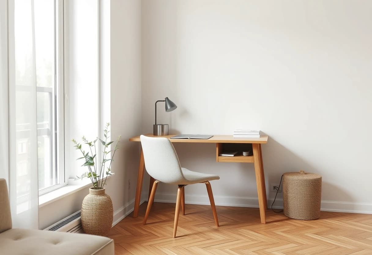 Aufgeräumte Homeoffice-Ecke mit geradem Bildausschnitt und natürlichem Licht als Beispiel für ein fehlerfreies KI-Raumplaner-Foto