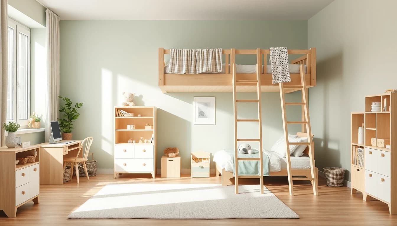 Kinderzimmer mit KI-platzierten Möbeln: Hochbett, Schreibtisch und Spielbereich als Beispiel für visuelle Möbelplatzierung ohne Maßangaben