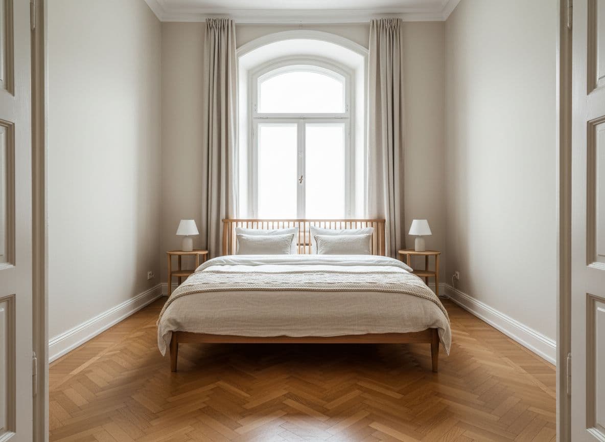 Gerade fotografiertes Schlafzimmer im Altbau mit Tageslicht und vollständiger Wand als Beispiel für ein gutes KI-Raumplaner-Foto