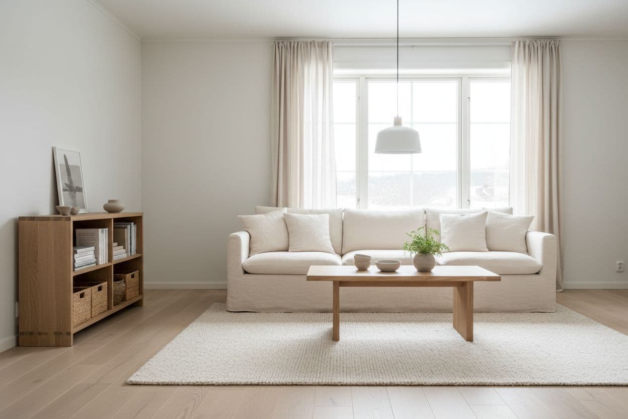 Skandinavisch eingerichtetes Wohnzimmer als KI-Redesign-Ergebnis mit hellem Holz und Leinensofa nach der Raumgestaltung mit DecorAI