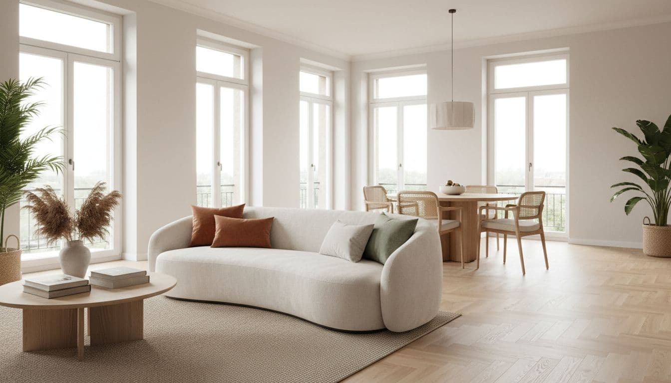 KI Wohnung einrichten: offener Wohn-Ess-Bereich mit hellem Eichenparkett, Boucle-Sofa und durchgehendem Farbschema, erstellt mit der DecorAI App