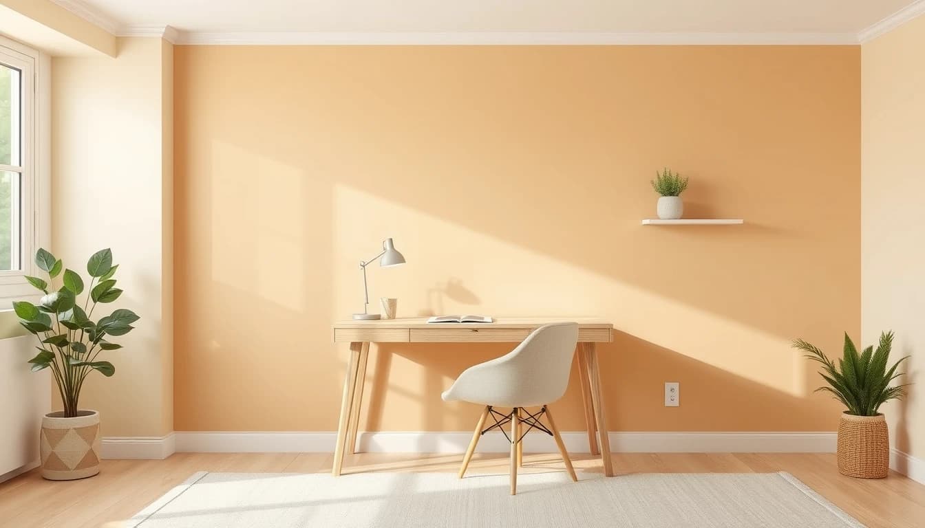 Helle Homeoffice-Ecke im Wohnzimmer mit Eichenholz-Schreibtisch und passender Wandfarbe, Teil der KI-gestützten Wohnungsplanung