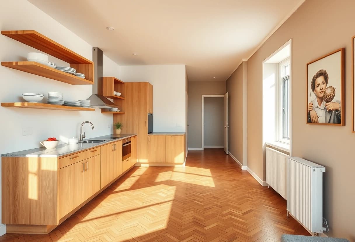 Küche und Flur im gleichen Farbkonzept wie Wohn- und Schlafzimmer, offene Regale und warmes Holz, KI-Design für die ganze Wohnung