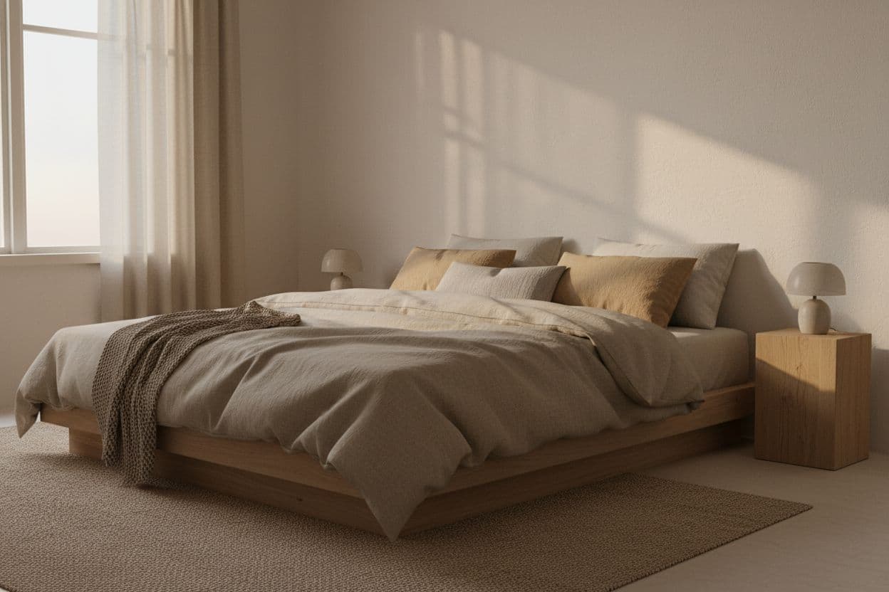 Ruhiges Schlafzimmer mit demselben Farbschema wie das Wohnzimmer, Leinenbettwäsche und warmem Licht, gestaltet mit DecorAI