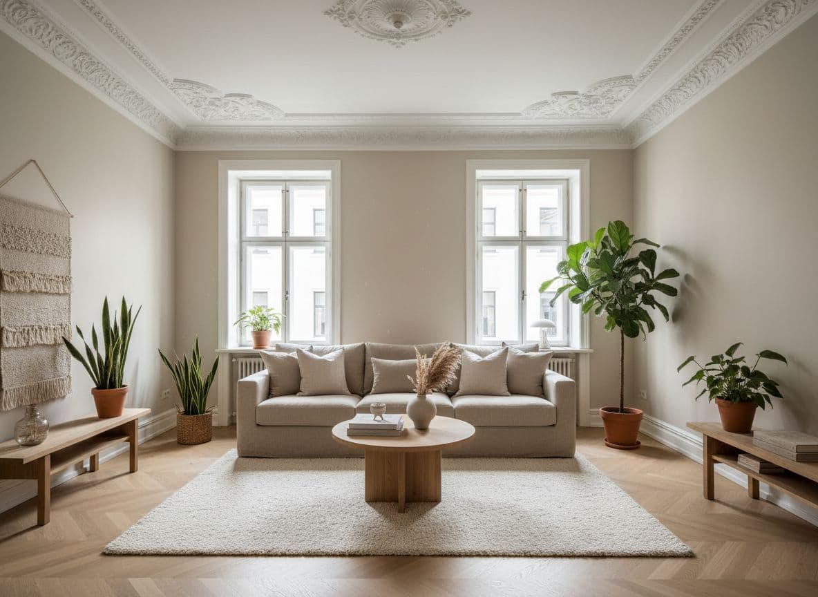 Skandinavisches Wohnzimmer in einer Altbauwohnung mit hohen Decken, Stuck und hellen Naturtönen, Teil eines KI Wohnung einrichten Projekts