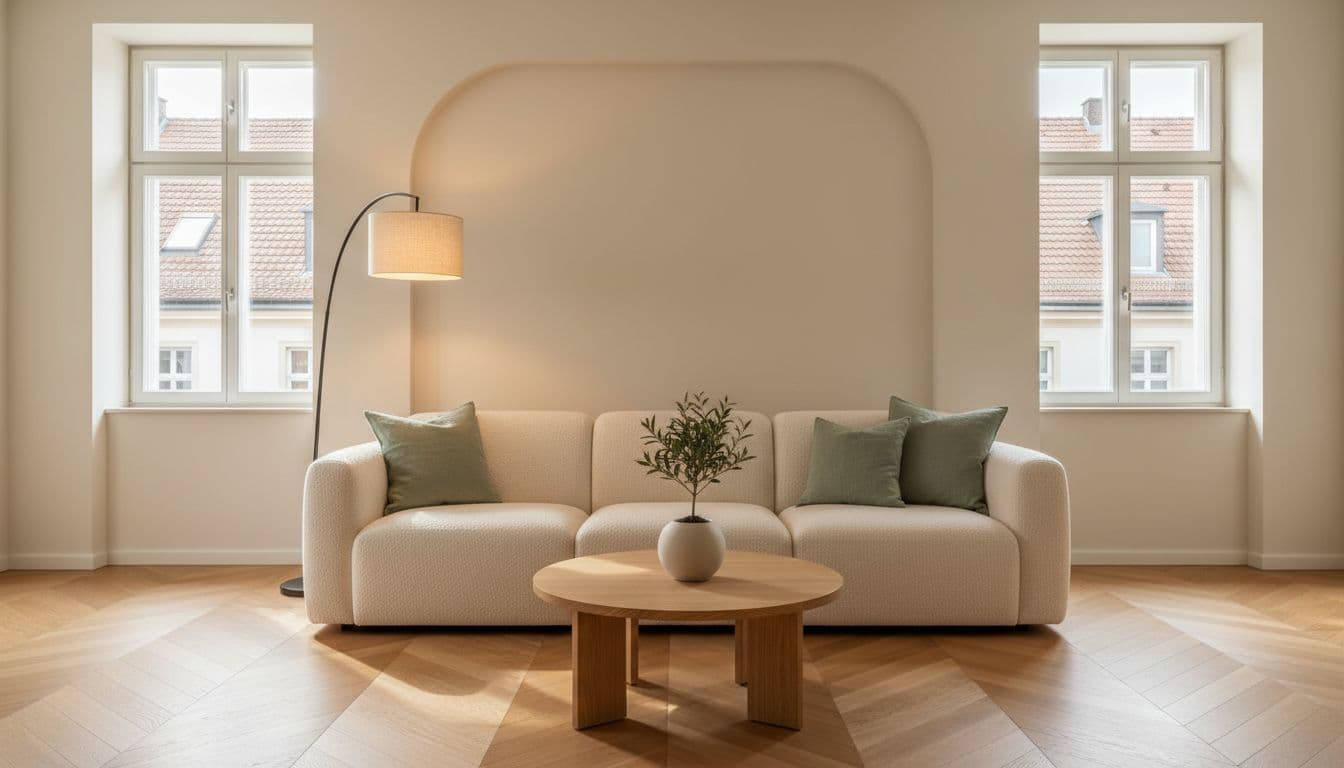 KI Wohnzimmer einrichten: helles Wohnzimmer mit Boucle-Sofa, warmem Stehlampenlicht und Sichtachse zur TV-Wand