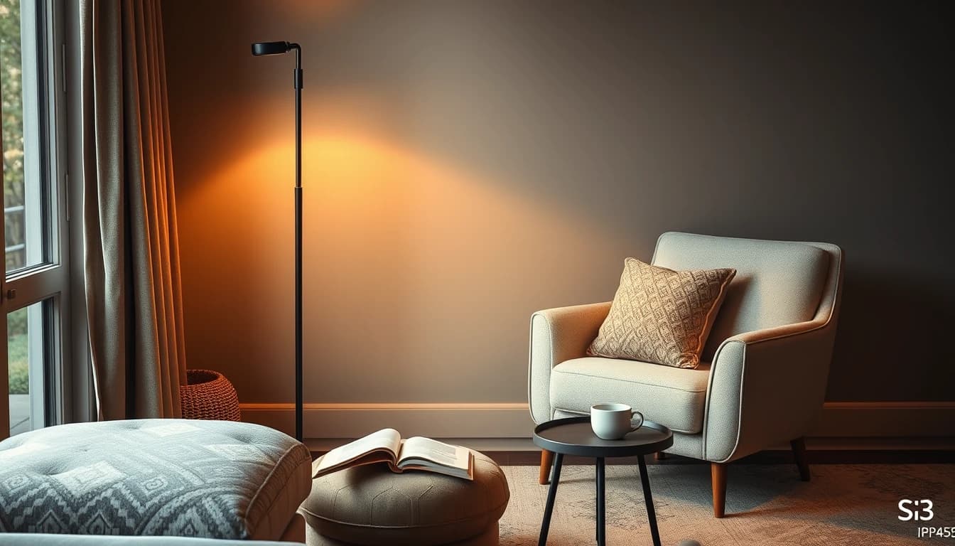 Leseecke im Wohnzimmer mit Sessel, Stehlampe und warmem Abendlicht als Beispiel für Lichtplanung beim Wohnzimmer neu gestalten