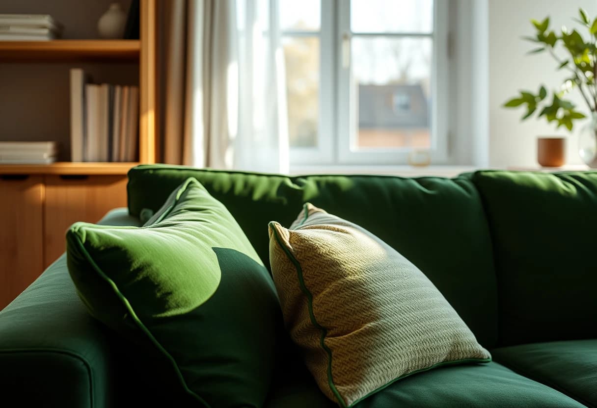 Detailaufnahme eines grünen Samtsofas im Wohnzimmer, eingefügt per Möbel-Import einer KI-App zum Wohnzimmer neu gestalten