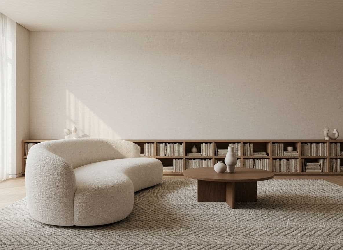 Sitzzone im Wohnzimmer mit cremefarbenem Boucle-Sofa, rundem Couchtisch und Wollteppich, Beispiel für KI Wohnzimmer einrichten