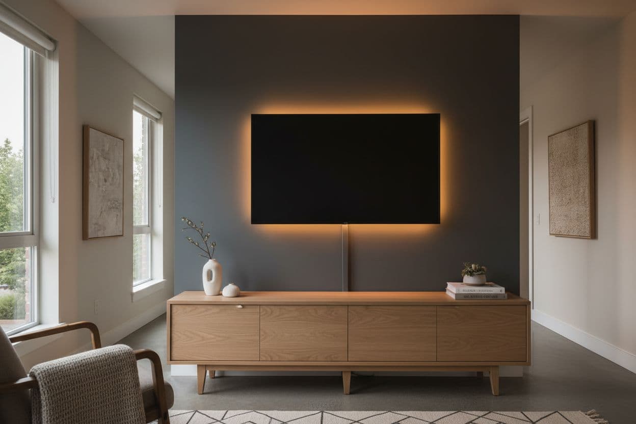 TV-Wand im Wohnzimmer mit Eichenholz-Sideboard und dunkler Akzentwand, Beispiel für KI Wohnzimmer einrichten mit Fokus auf die TV-Wand