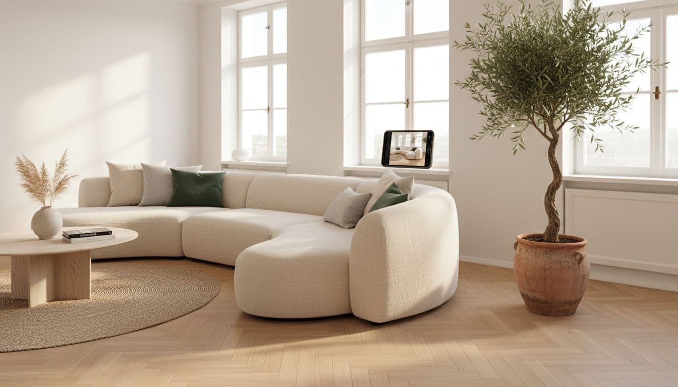 KI Zimmer einrichten: helles Wohnzimmer im skandinavischen Stil mit Eichenholzboden, Leinensofa und Smartphone auf der Fensterbank, erstellt mit der DecorAI App