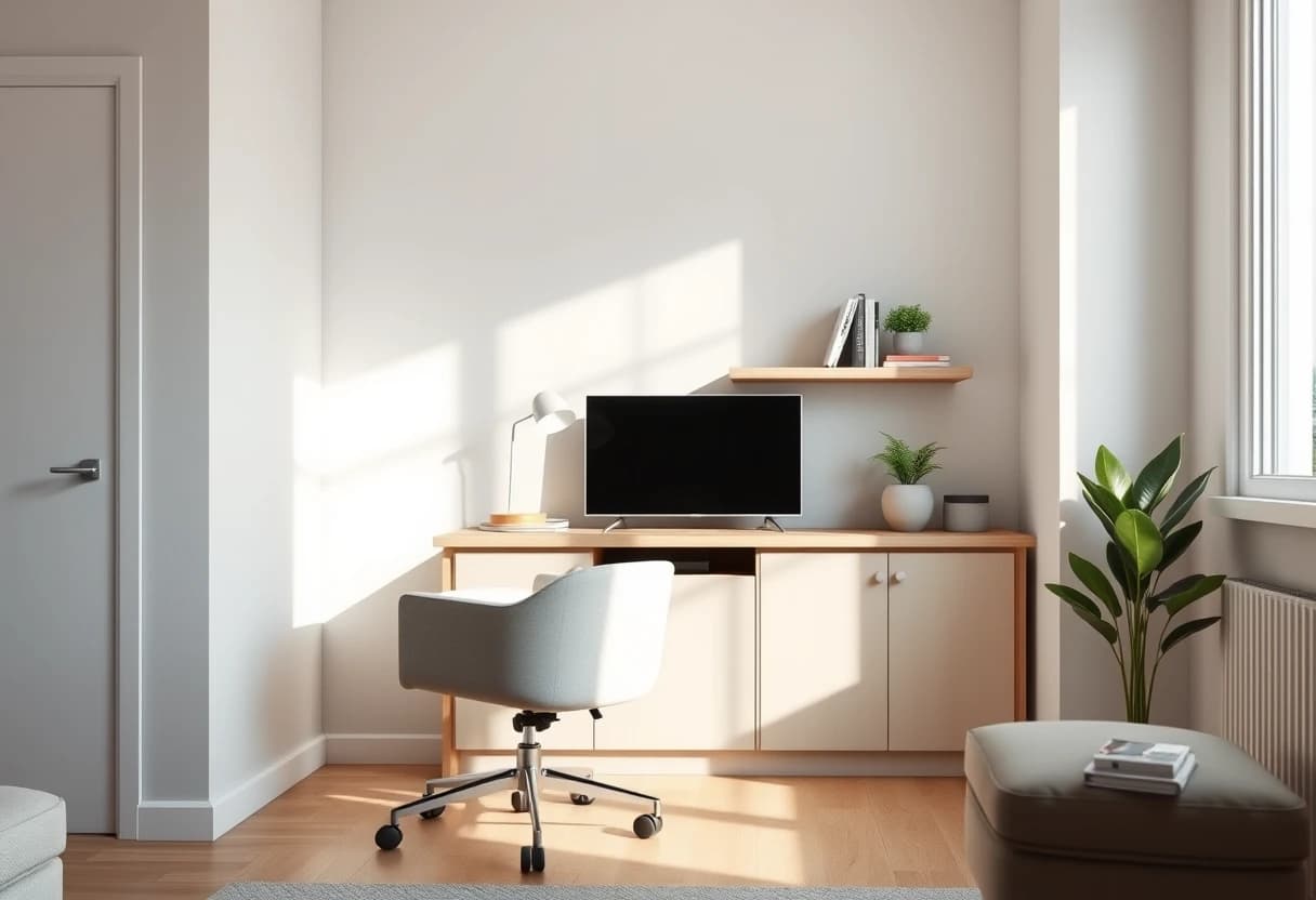 Homeoffice-Ecke mit importiertem Eichenholz-Schreibtisch und eigenem Bürostuhl vor heller Wand, eingefügt per Möbel-Import beim Zimmer einrichten mit KI