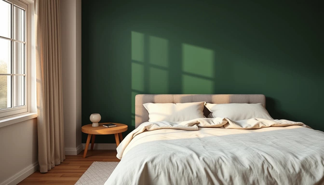 Schlafzimmer mit dunkelgrüner Akzentwand hinter dem Bett, Leinenbettwäsche und Nachttischleuchte, per Inpainting gezielt verändert beim KI Zimmer einrichten