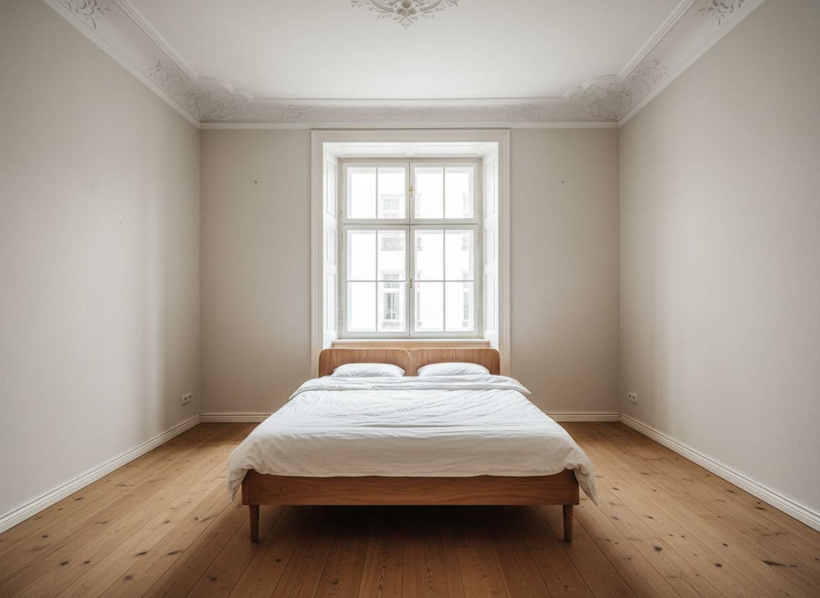 Zimmer einrichten mit KI vorbereiten: helles Schlafzimmer im Altbau mit Doppelbett, hohem Kastenfenster und Dielenboden, fotografiert als Ausgangsbild für die DecorAI App