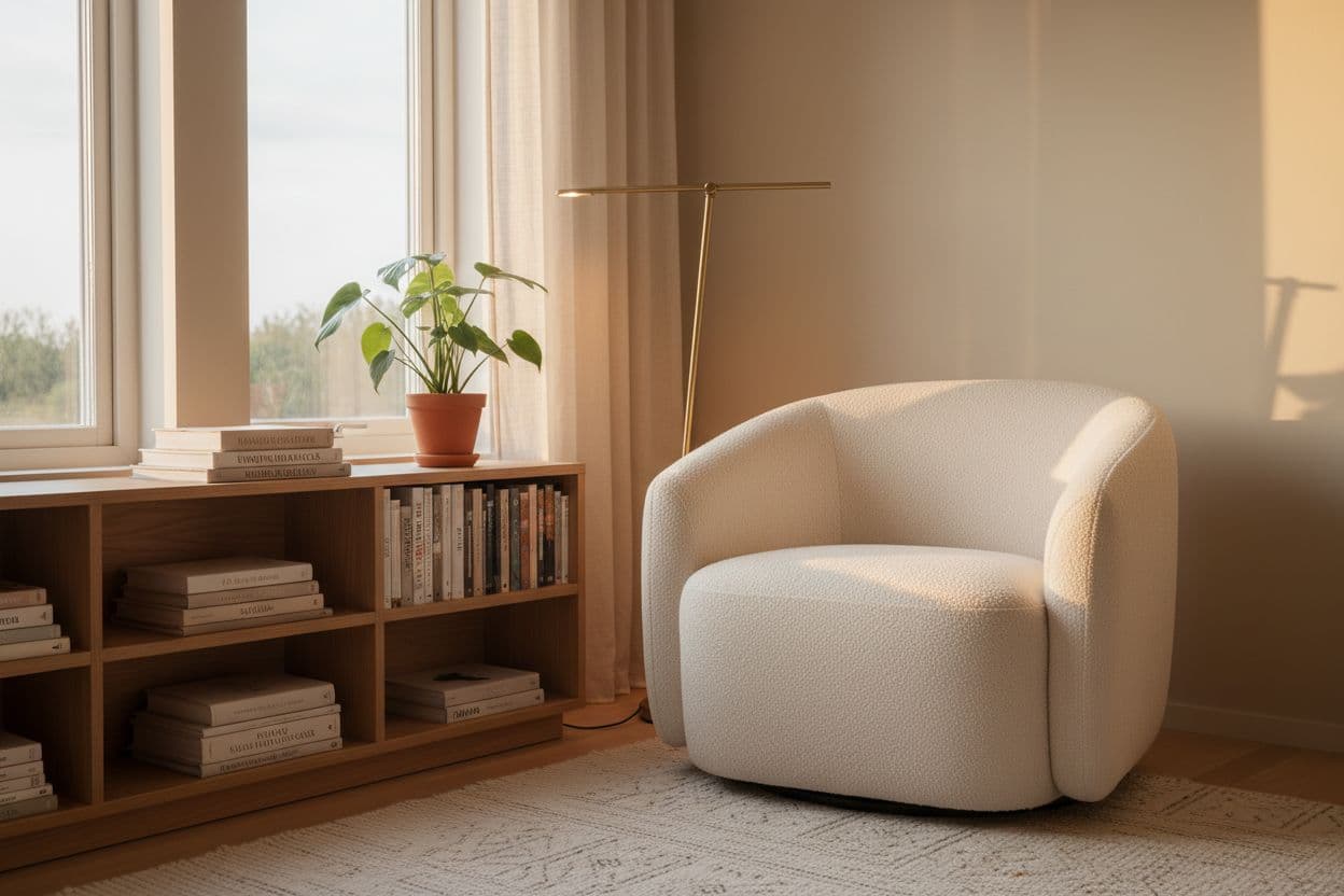 KI-gestützte Raumgestaltung in der Praxis: kleine Lesecke im Wohnzimmer mit Sessel, Stehlampe und Bücherregal, erstellt mit dem Ecken-Designer der DecorAI App
