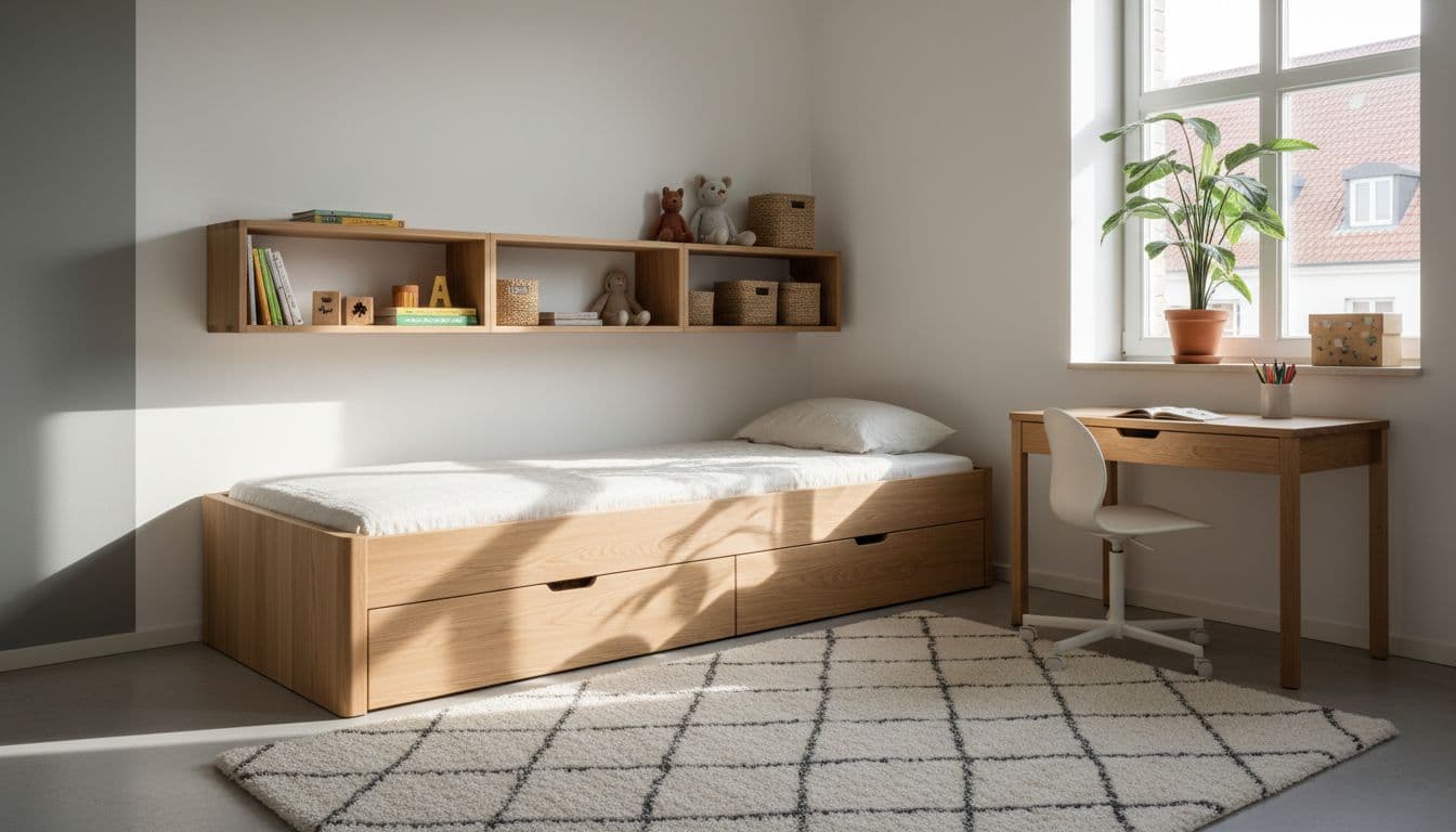 Kinderzimmer planen mit KI: heller Raum mit Hochbett, Spielteppich und Schreibtisch am Fenster, erstellt mit der DecorAI App