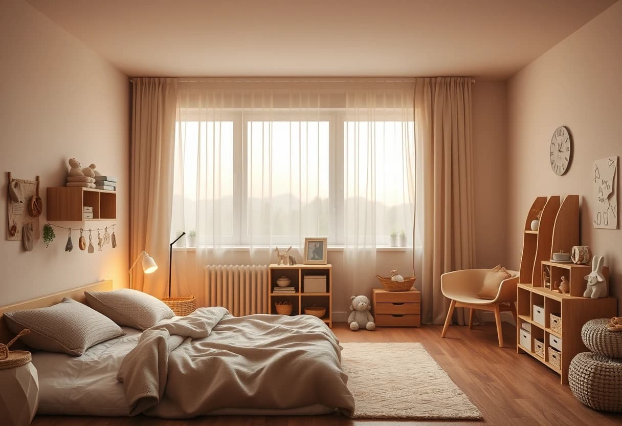 Kinderzimmer in warmen, gedeckten Farbtönen mit indirekter Beleuchtung am Abend und ruhiger Farbgestaltung für die Schlafzone